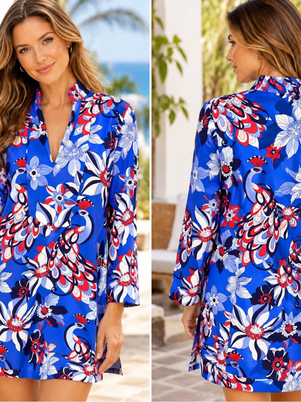 Jude Connally Chris Twirling Peacock Cobalt Tunic Dress Size M NWT